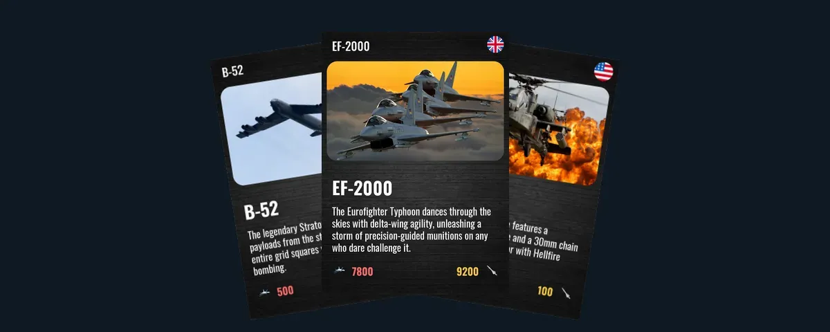 Three BattleDex cards: B-52, EF-2000 and AH-64, each with a photo, description and stats