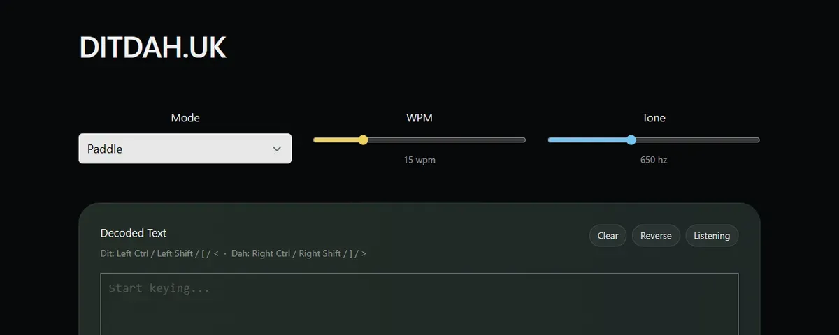 Ditdah.uk with its key mode, WPM and tone controls above the decoded text box