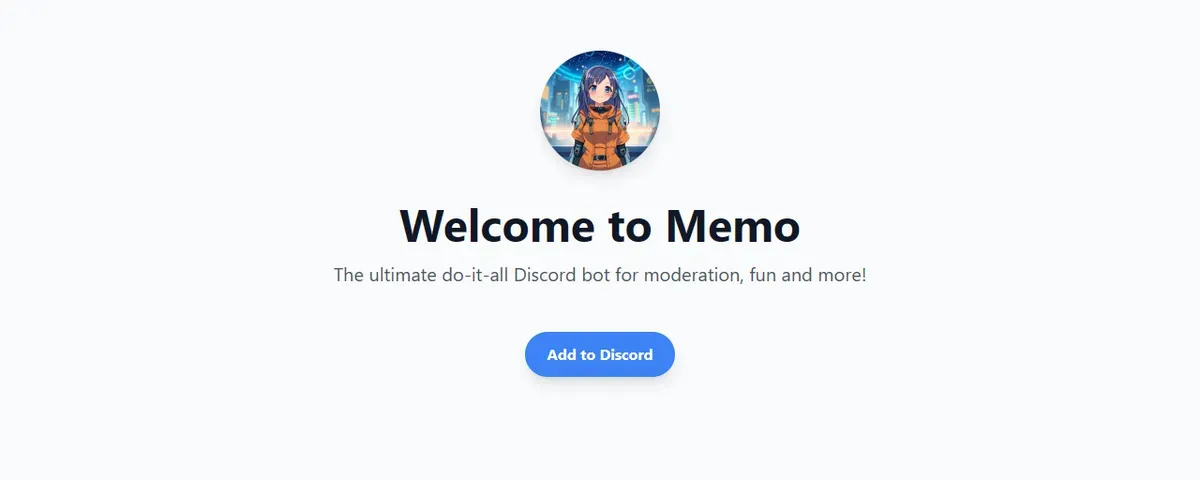 The Memo website, with the bot avatar and an Add to Discord button