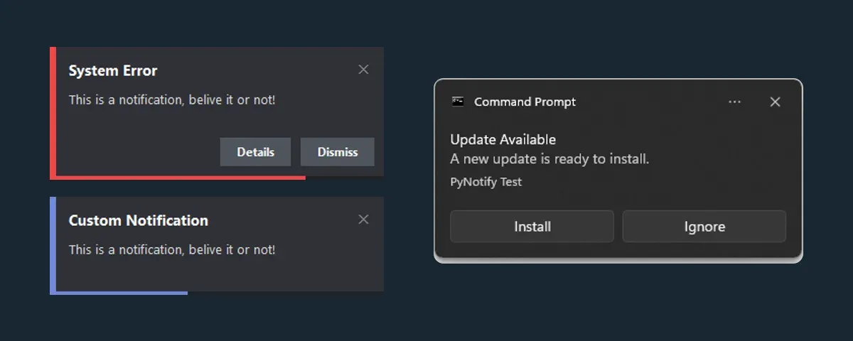 Three notifications made with PyNotify, two custom styled and one native Windows toast