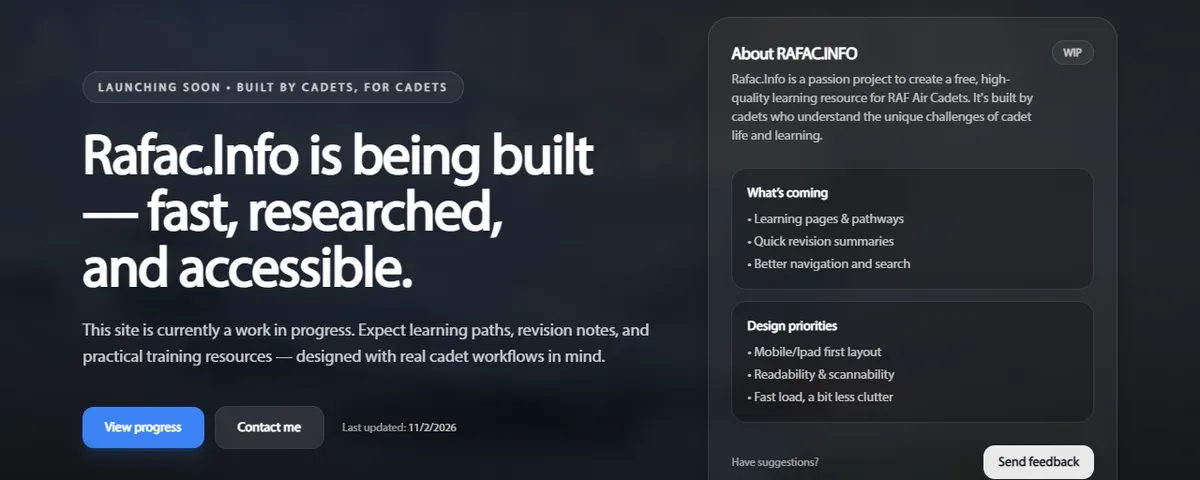 The rafac.info landing page, announcing the site is being built